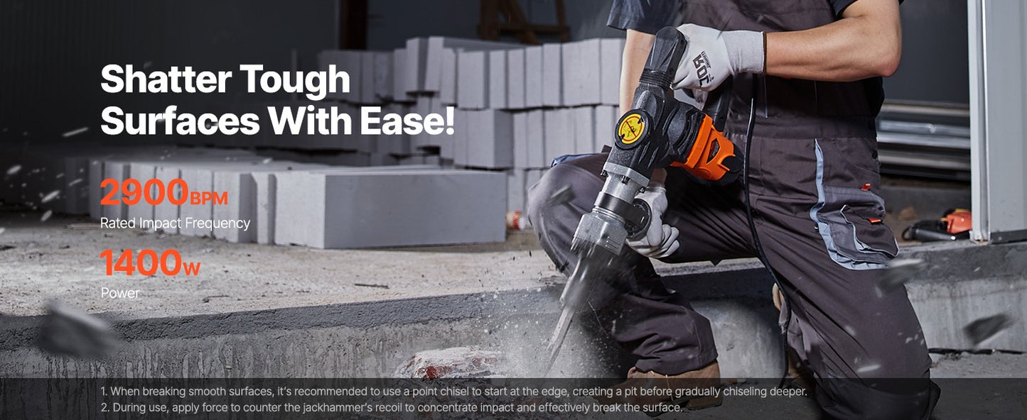 1400W Demolition Electric Jackhammer Heavy Duty 2900 BPM Concrete Breaker 2pcs Chisels Bits Chipping