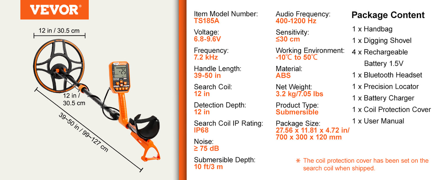 Professional Rechargeable Metal Detector 12" IP68 Waterproof Coil 39-50 in Adjustable LCD 7Modes