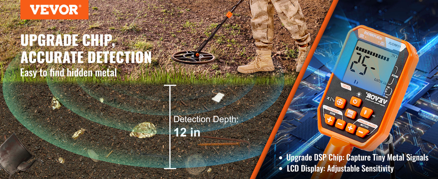 Professional Rechargeable Metal Detector 12" IP68 Waterproof Coil 39-50 in Adjustable LCD 7Modes