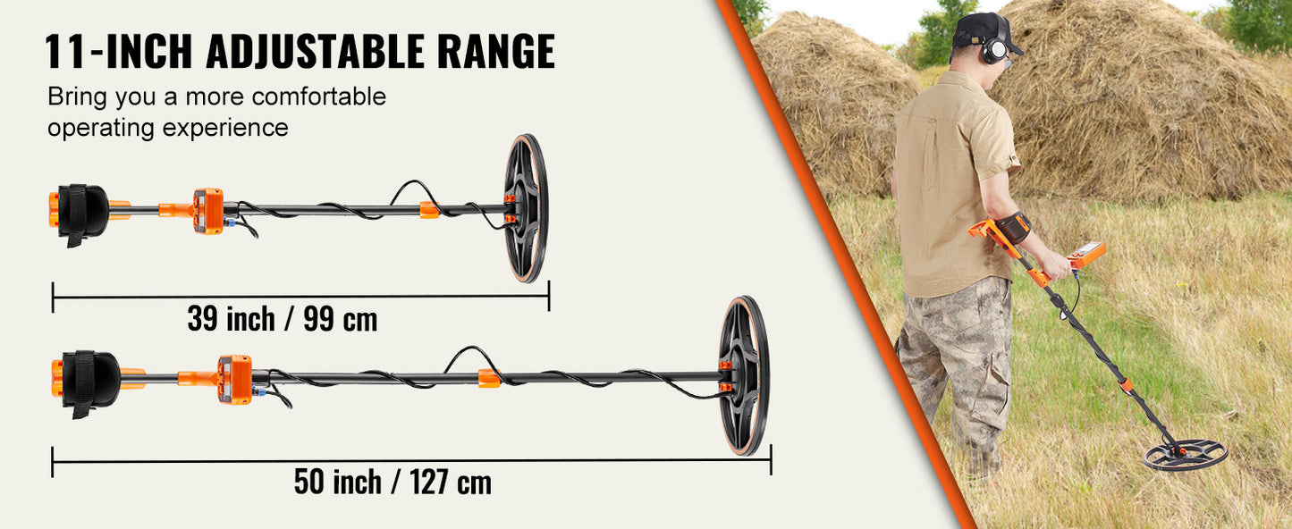 Professional Rechargeable Metal Detector 12" IP68 Waterproof Coil 39-50 in Adjustable LCD 7Modes