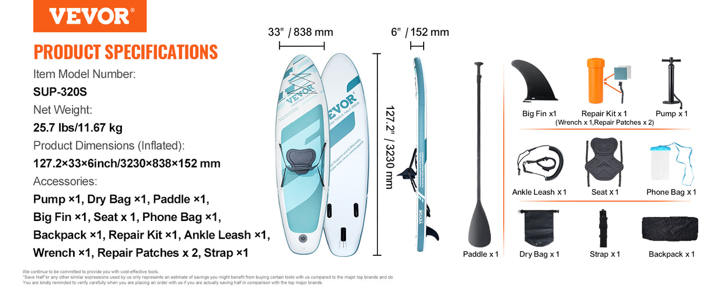 Inflatable Stand Up Paddle Board 10' x 33" x 6" /10.6' x 33" x 6" Wide SUP, Removable Kayak Seat