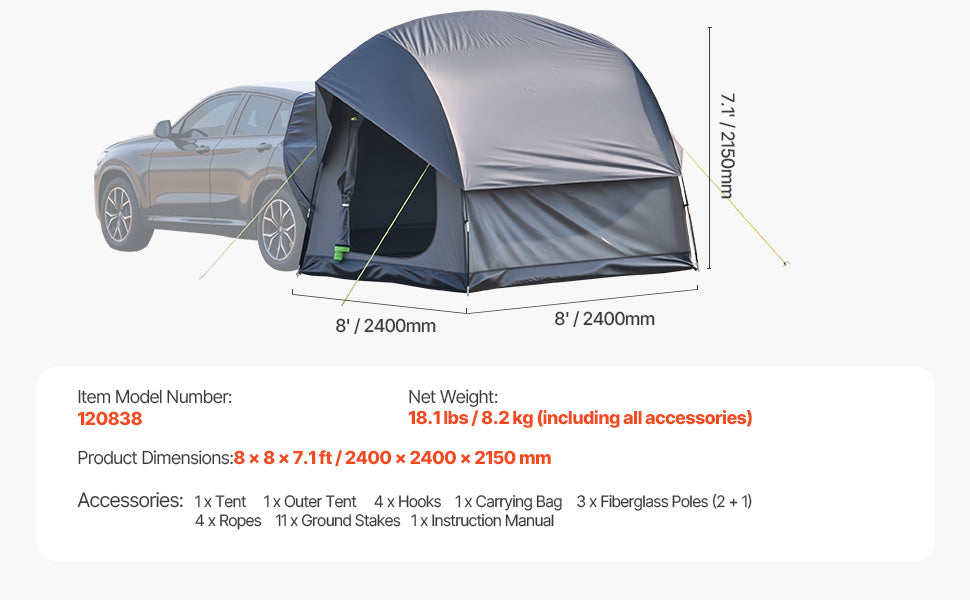 SUV Tent, Camping Waterproof PU2000mm Spacious Double Layer Design , Shade Awning , Mesh Windows