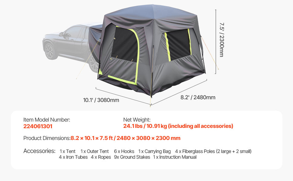 SUV Tent, Camping Waterproof PU2000mm Spacious Double Layer Design , Shade Awning , Mesh Windows