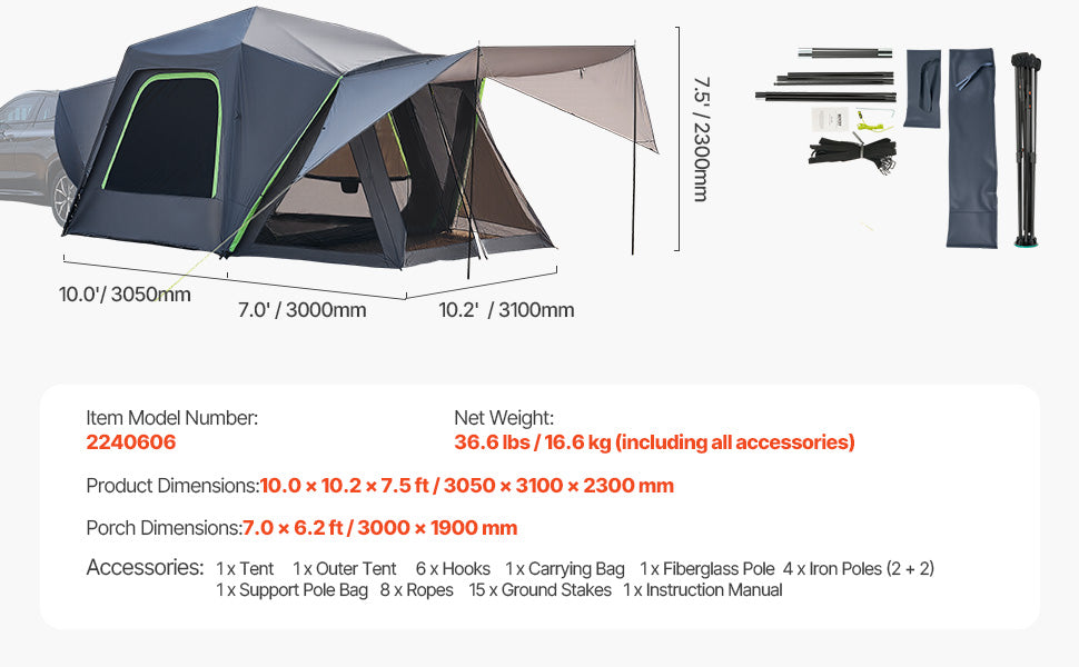 SUV Tent, Camping Waterproof PU2000mm Spacious Double Layer Design , Shade Awning , Mesh Windows