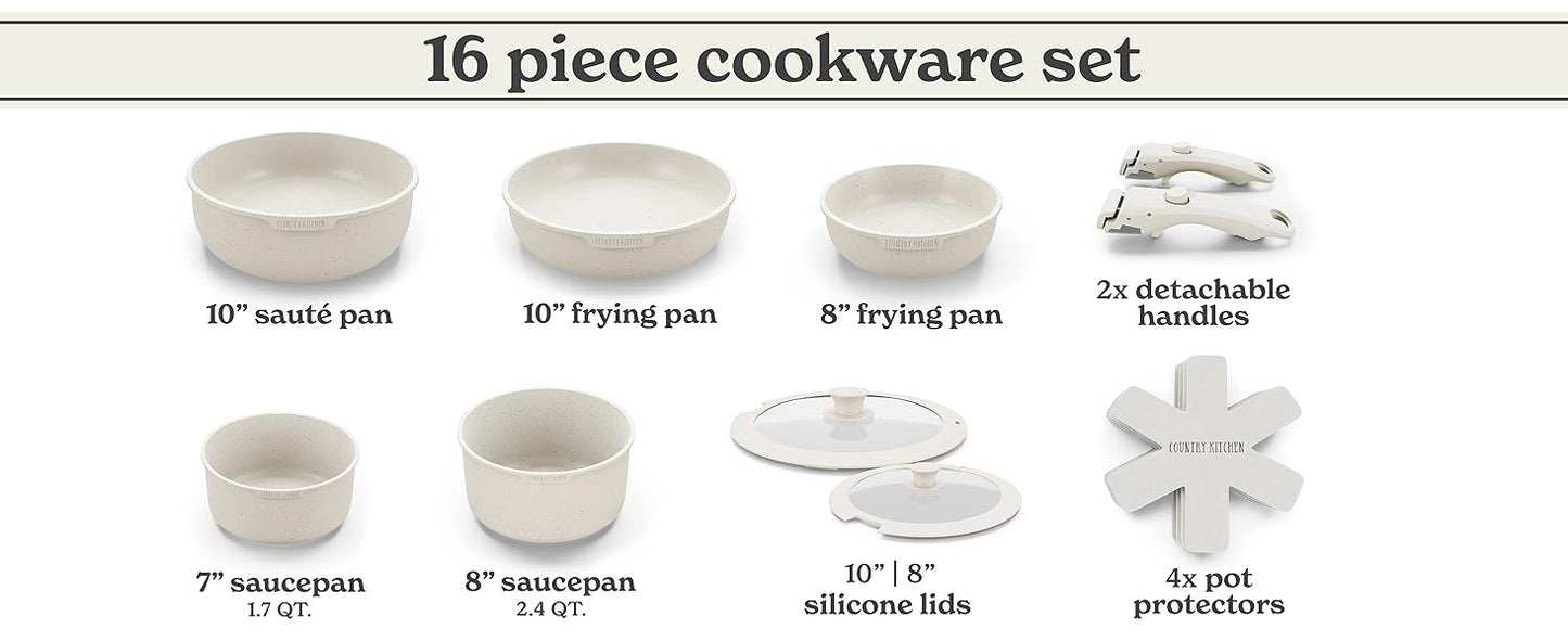 Cookware Set with Removable Handle, Oven & RV Safe Pots and Pans Set, Cream, Original