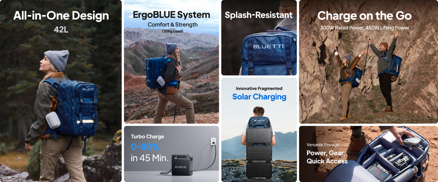 [US Stock] BLUETTI Handsfree 1 Solar Backpack Power Station, 268.8Wh 300W LiFePO4 Solar Generator