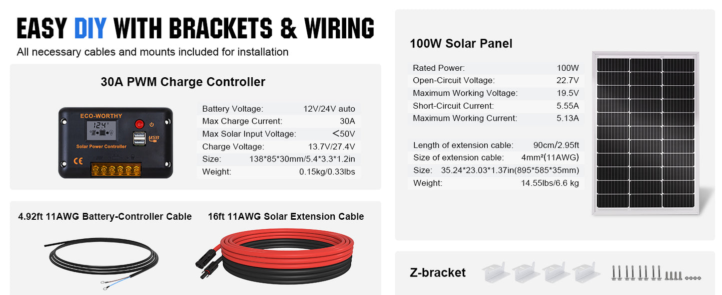 200 Watts 12 Volt/24 Volt Solar Panel Kit,High Efficiency Monocrystalline, 30A PWM Charge Control