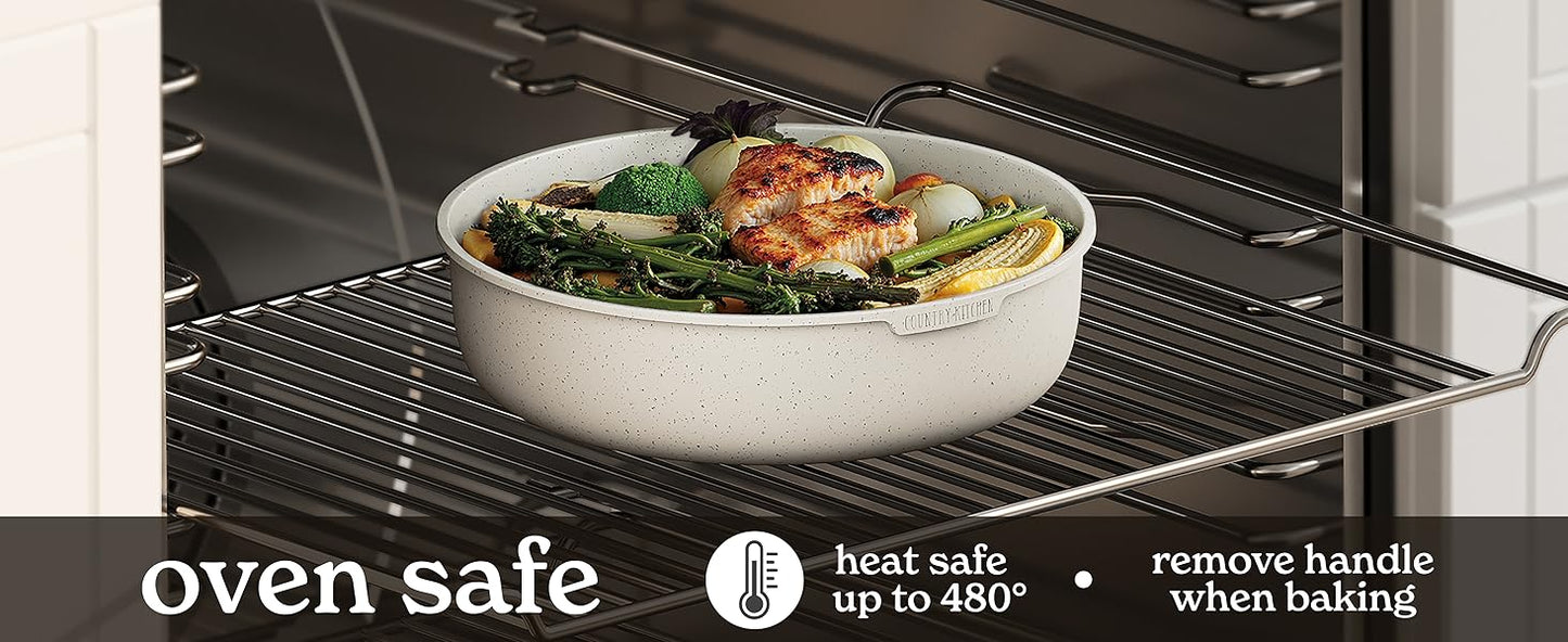 Cookware Set with Removable Handle, Oven & RV Safe Pots and Pans Set, Cream, Original