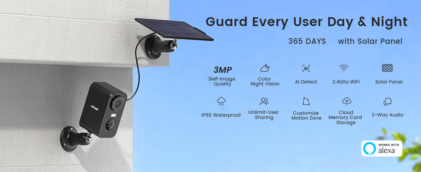 2K 3MP WiFiSolar Security Camera Outdoor Wireless, Color Night Vision,Motion Detection