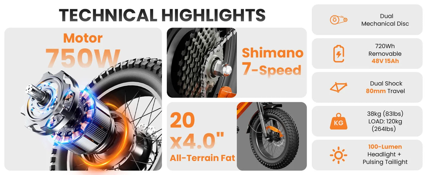 E-Bike M7,Teens,20",750W Peak Motor,24.9mph,48V 15Ah Rem.Battery,50 Miles Pure Electric,70 Miles PAS