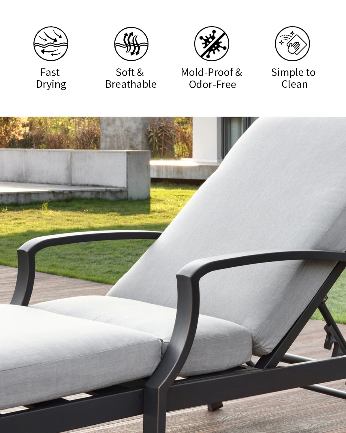 Aluminum Outdoor Chaise Lounge Chair,Cushion, Adjust-Backrest Pool Lounger Patio or Deck,Gunmetal