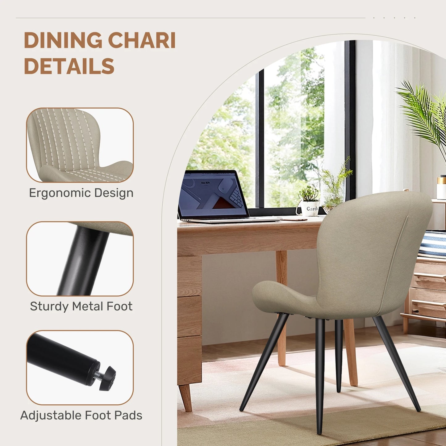 2 Dining Chairs, Modern, Comfortable Backrest Thickeneded Soft Cushion.19inch High, Metal Feet