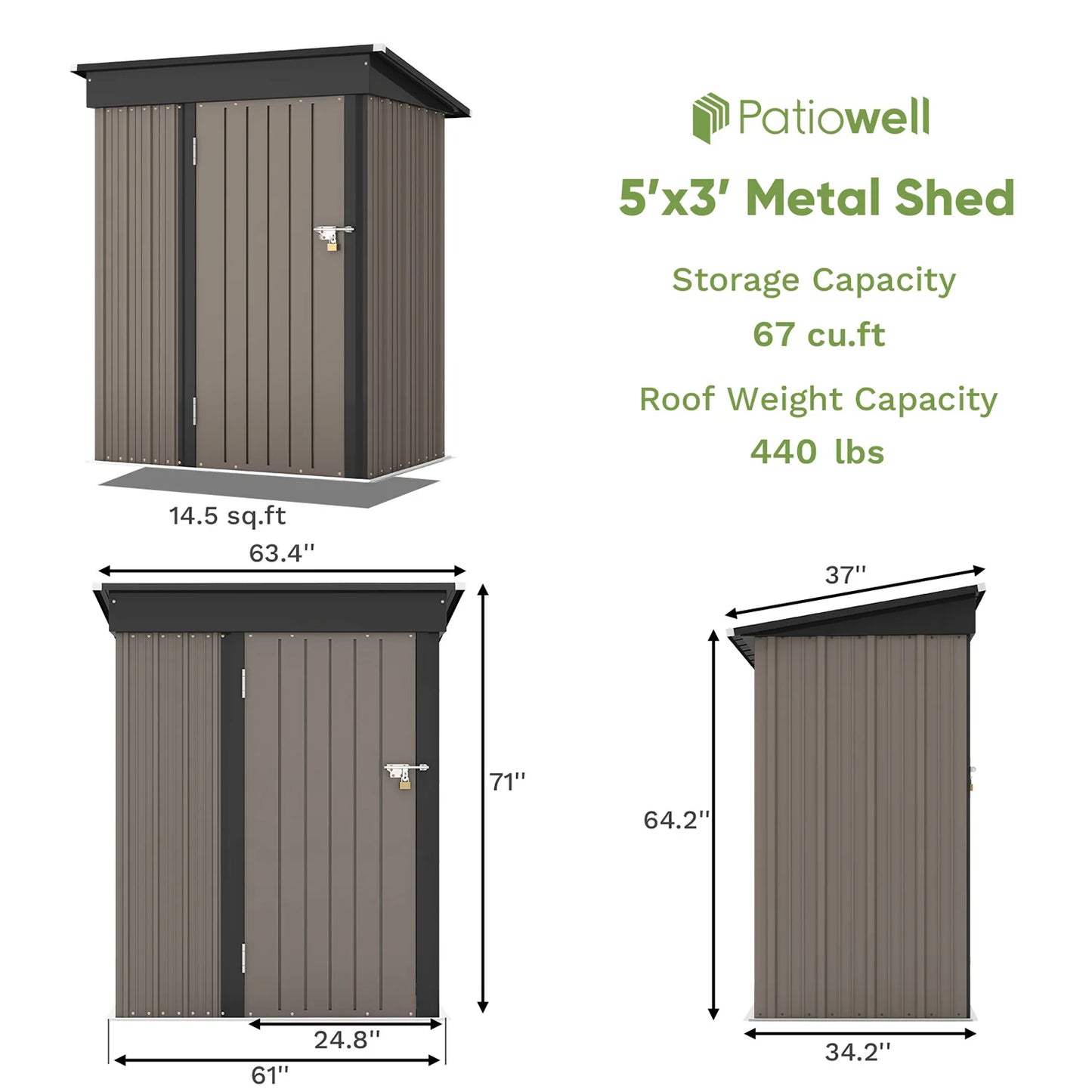 5x3 FT Metal Outdoor StorageTool Shed, Sloping Roof & Lockable Door, Backyard Garden Patio Lawn