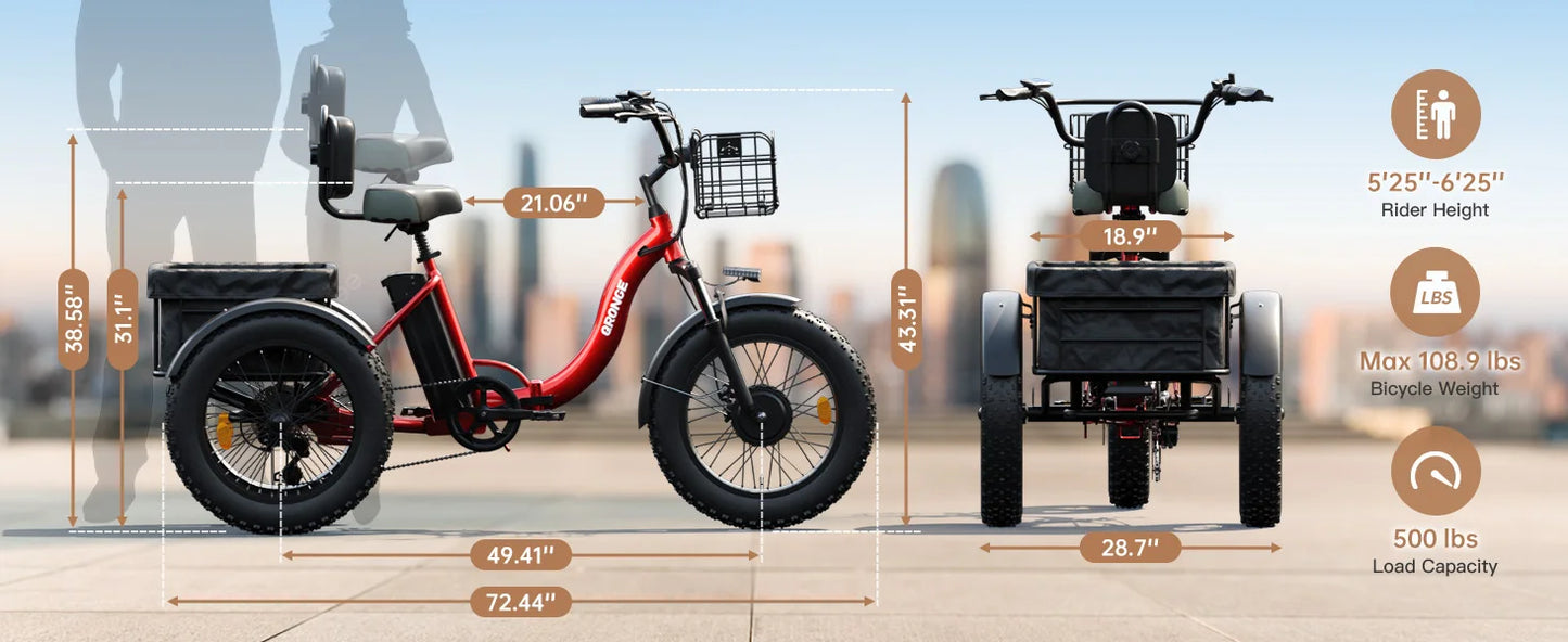 E-tricycle/Bike, Adults 960W Peak 36V 13.5AH Battery Folding 50 Miles Range Fat Tire,carry goods