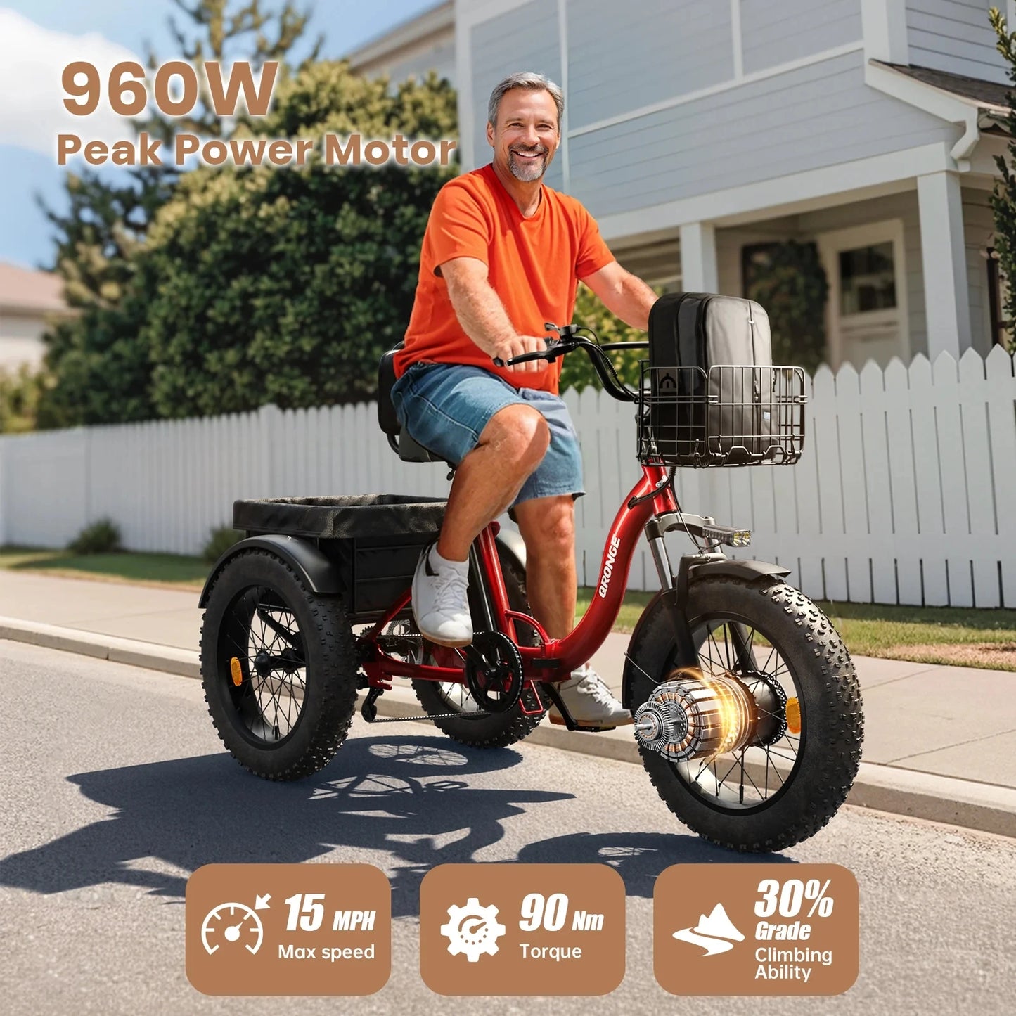 E-tricycle/Bike, Adults 960W Peak 36V 13.5AH Battery Folding 50 Miles Range Fat Tire,carry goods
