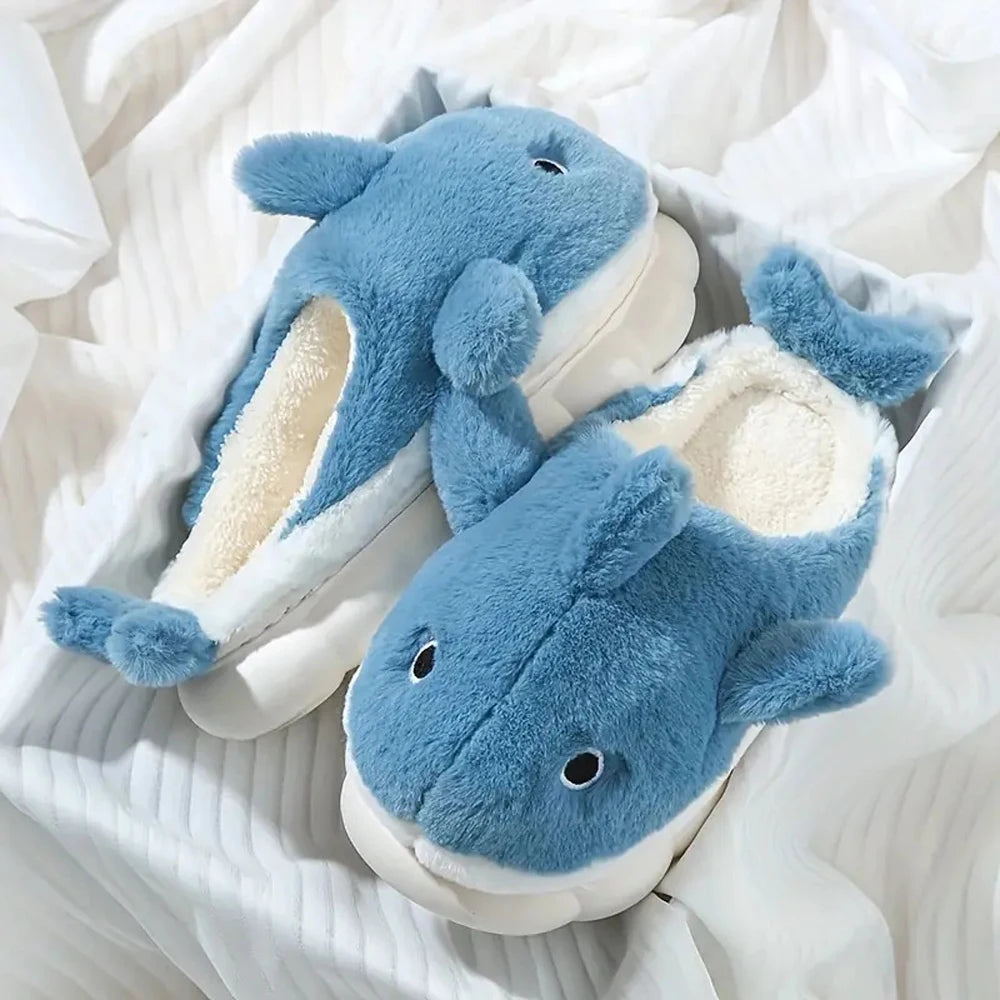 Soft Plush Sharky Slides For Wome&Men,Whale Shark Anti-Skid Winter Cute Couple House Slippers