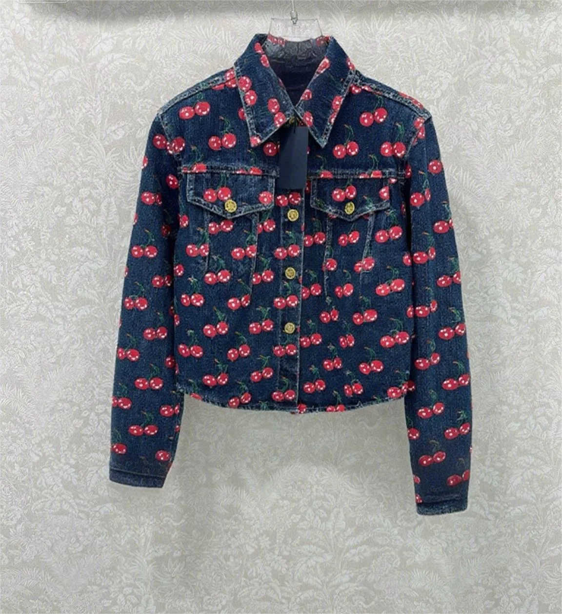 The 2025 New Women's Cherry Jacquard Lapel H-style Short Vintage Washed Denim Jacket