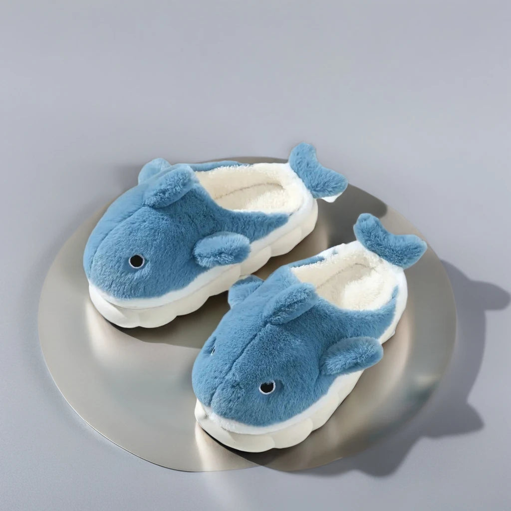 Soft Plush Sharky Slides For Wome&Men,Whale Shark Anti-Skid Winter Cute Couple House Slippers