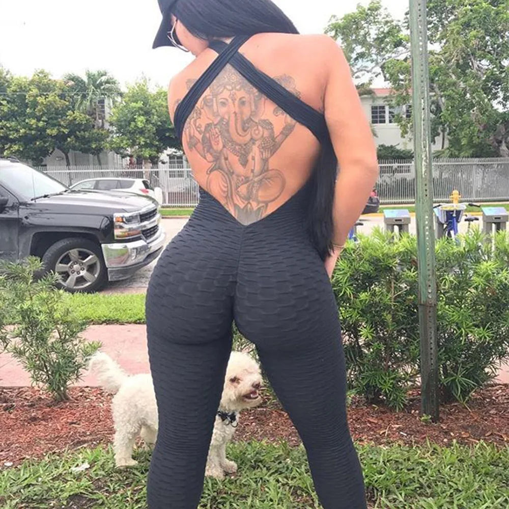 Women Jumpsuit Sleeveless Backcross Short Bodysuit Jacquard Backless Workout