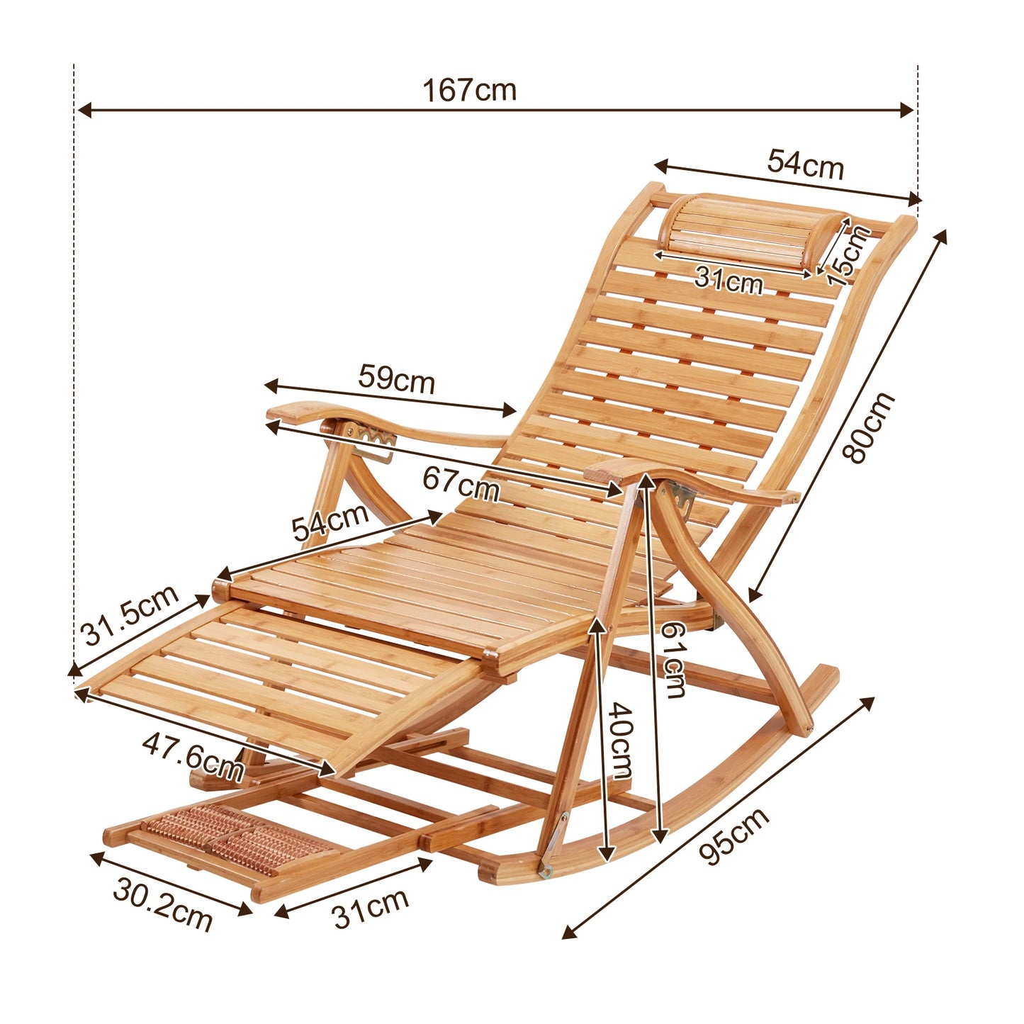 Heavy Duty Bamboo Rocking Chair Adjustable Lounge Recliner Leisure Living Room,covered deck
