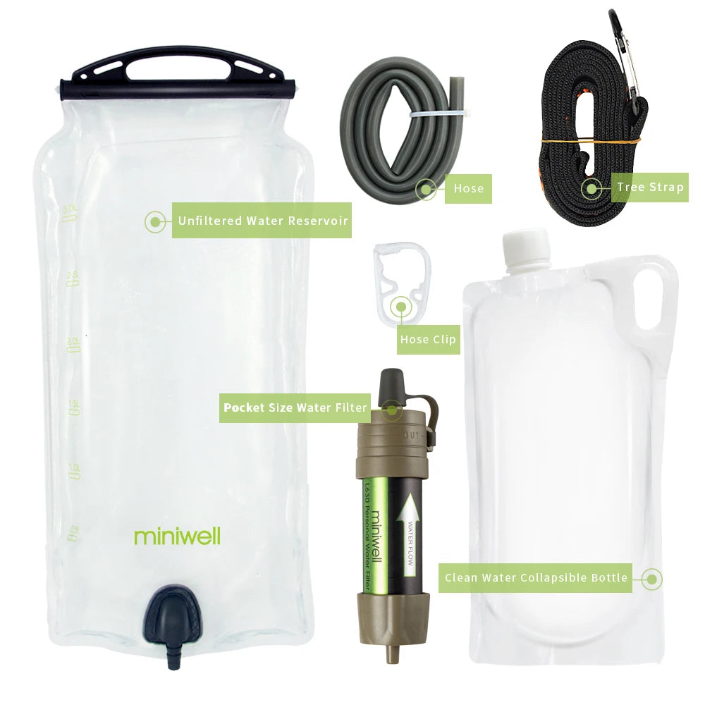 miniwell water purifier & straw filter survival emergency kit for hiking,camping,survival,emergency