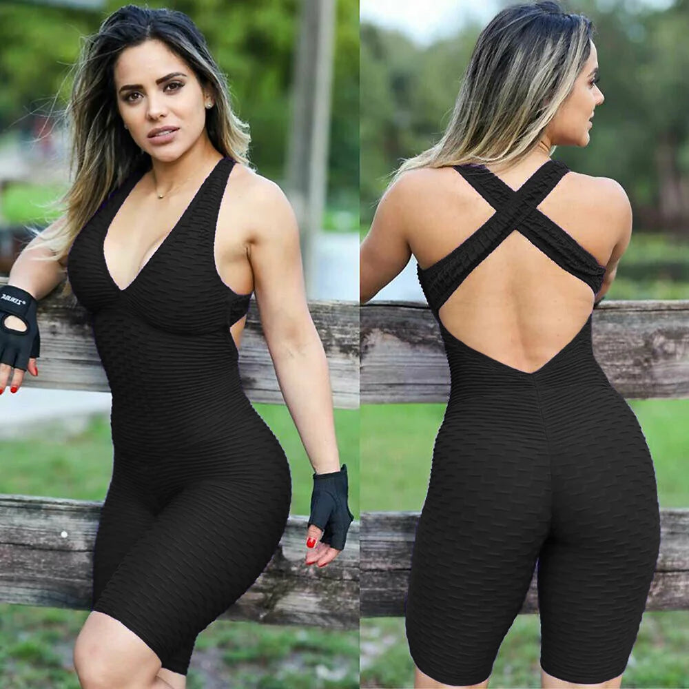 Women Jumpsuit Sleeveless Backcross Short Bodysuit Jacquard Backless Workout