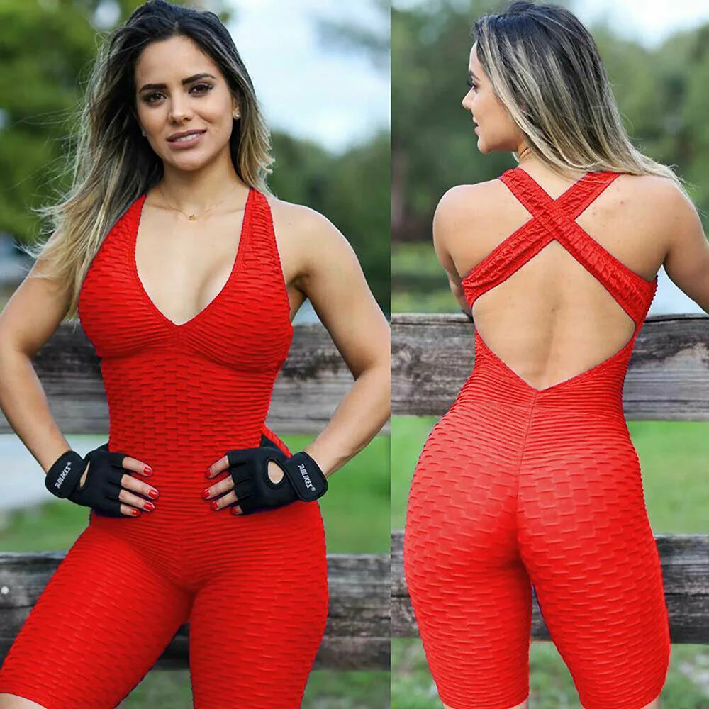 Women Jumpsuit Sleeveless Backcross Short Bodysuit Jacquard Backless Workout