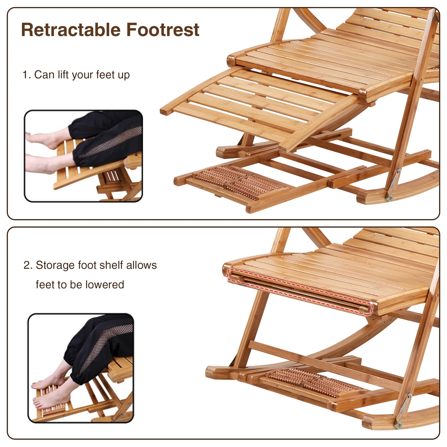 Heavy Duty Bamboo Rocking Chair Adjustable Lounge Recliner Leisure Living Room,covered deck