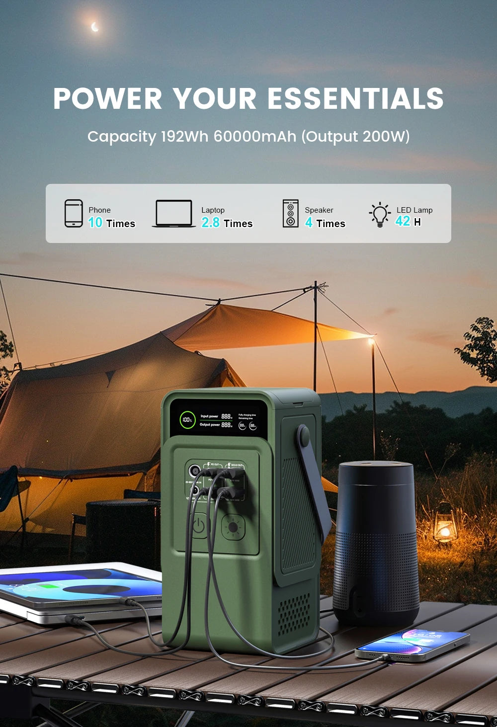 AP200L Power Bank 192Wh 60000mAh Capacity ,100w Solar Panel Generator for Camping Equipment