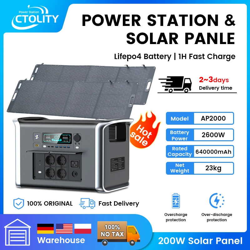 Camping Portable Power Station Solar Generator 1000W 2000W Lifepo4 Battery 220V AC Outlets Power