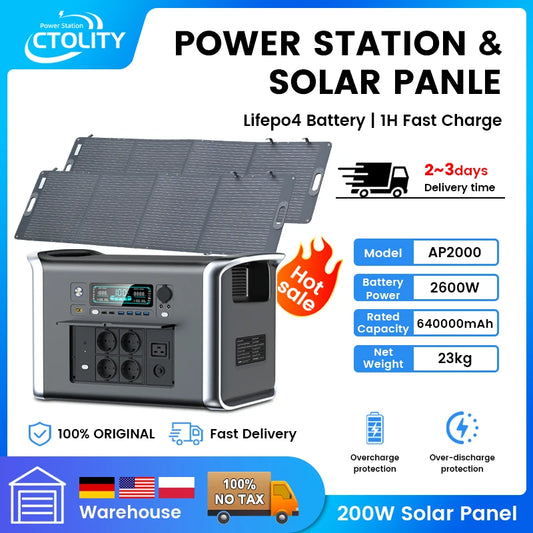 Camping Portable Power Station Solar Generator 1000W 2000W Lifepo4 Battery 220V AC Outlets Power
