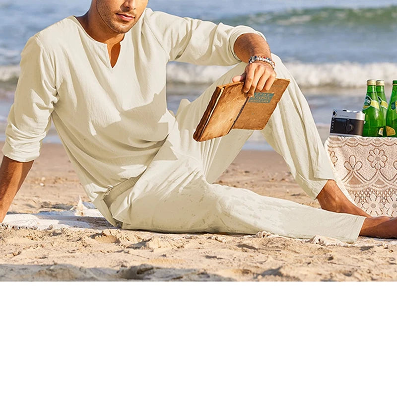 Cotton Linen Solid Color Long Sleeve Henley Shirt Elastic Waist Drawstring 2 Pieces Loungewear Set