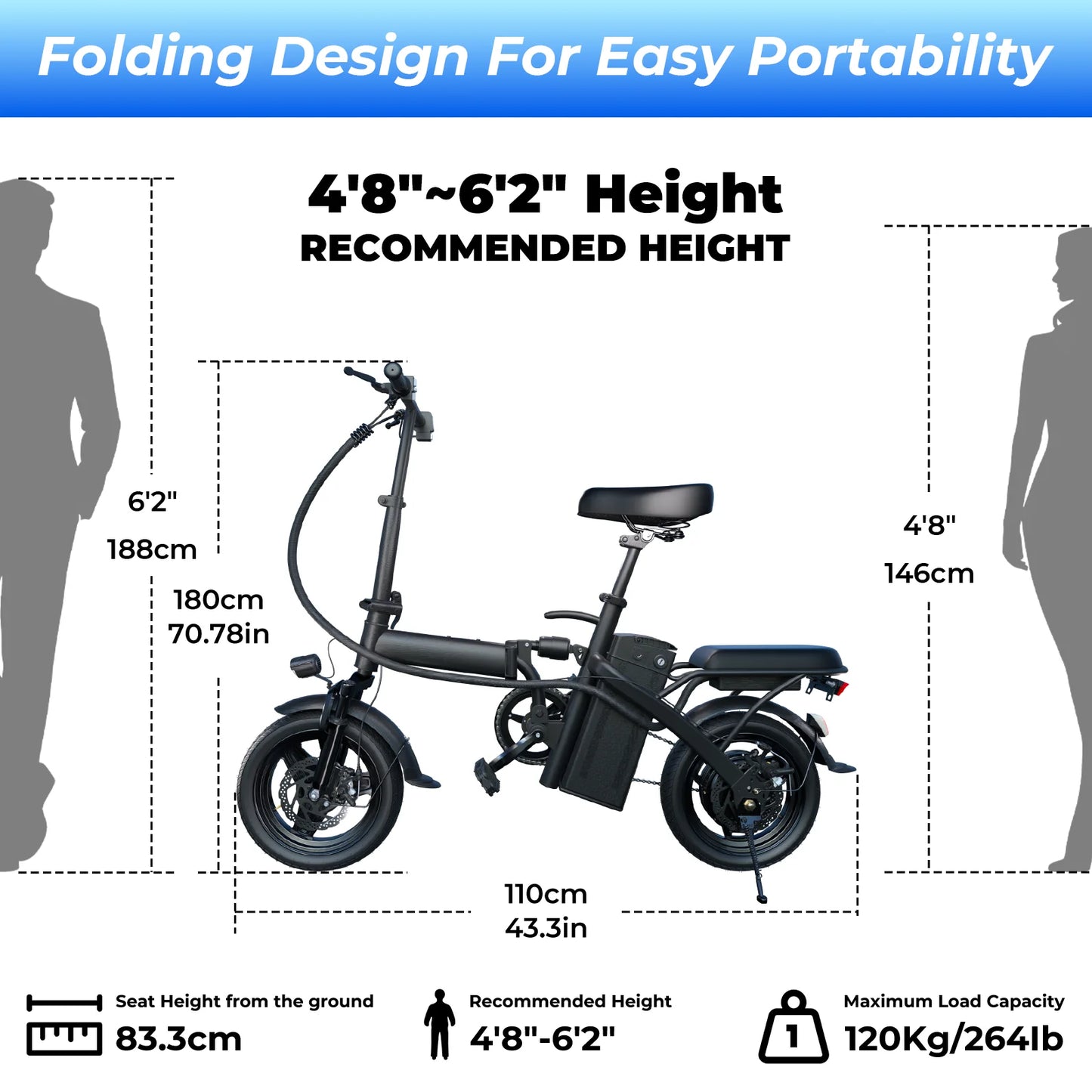 Adult Commuter E- Bike,14-inch, Easy to Fold, 500W Motor, 48V10.4Ah Removable Battery, 20-mile Range