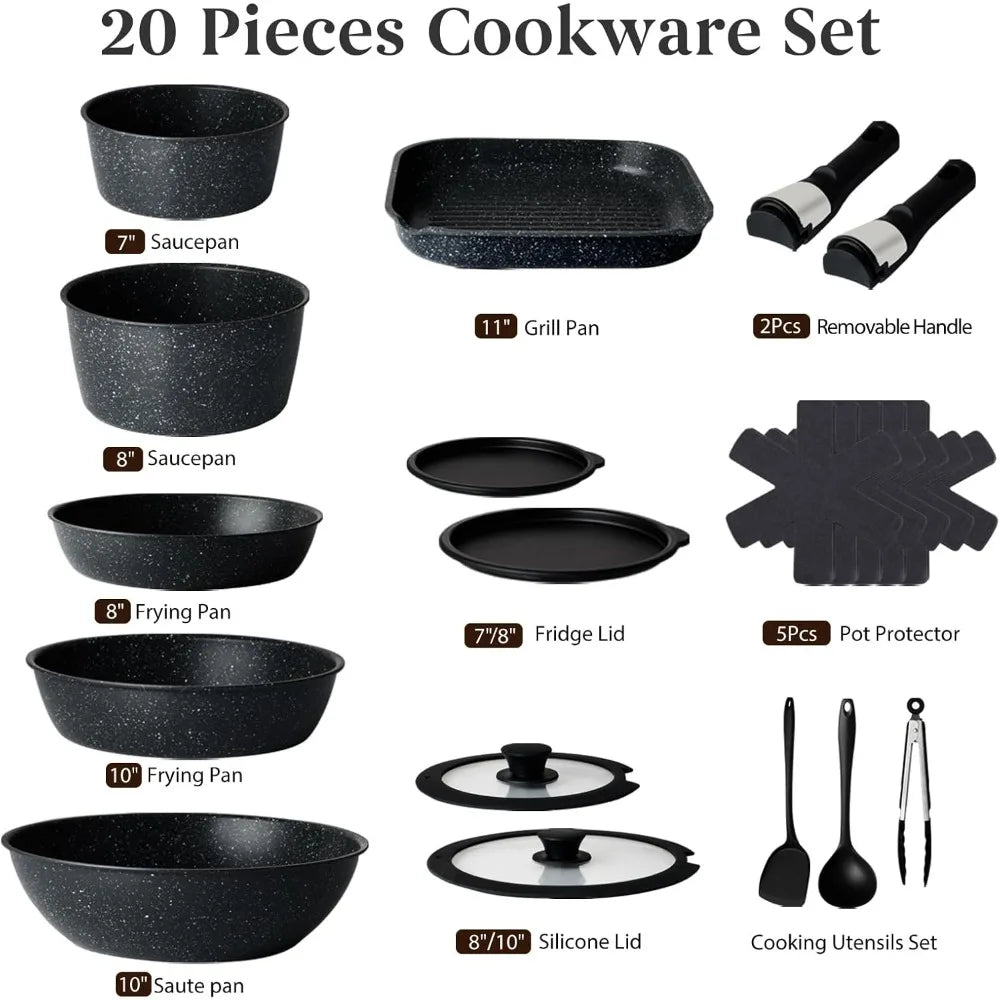 20 Pcs Pot-Pans Set Non Stick, Ceramic Cookware,Detachable Handle, RV Kitchen, Oven Safe