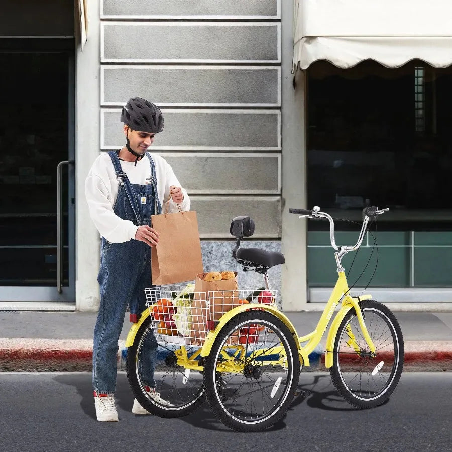 Adult Tricycles Bike 7 Speed Adult  26 Inch ThreeWheeled Carbon Steel , Basket and Adjustable Seat