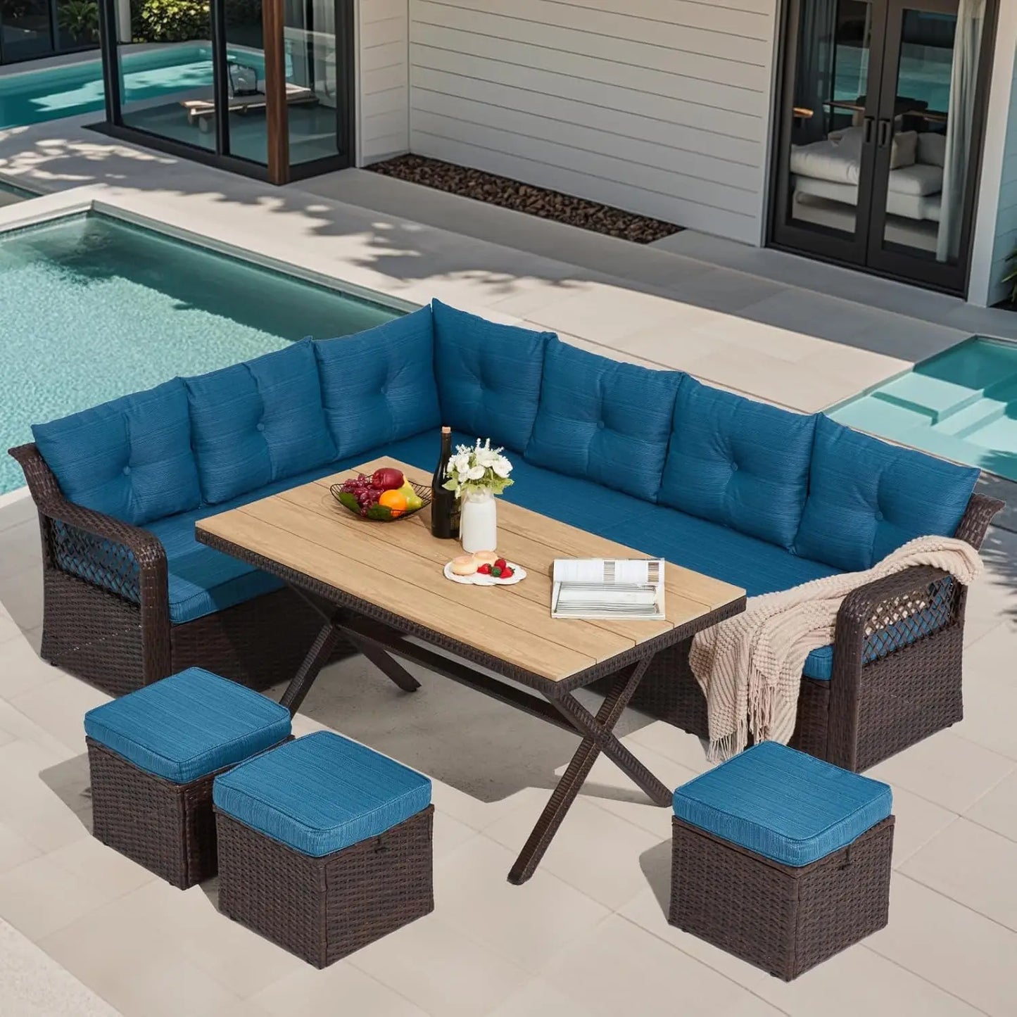 7 Pieces Patio  Dining Set, Patio Dining Sets with HDPE Table & Chairs, Ottamans for Garden, Deck
