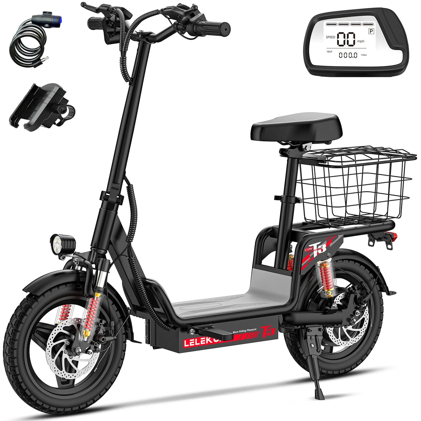 E-Bike, 500W48V15AH, 30MPH 14 inch E-Bike, 500lbs Load-bearing Multiple Shock Absorbers, Basket