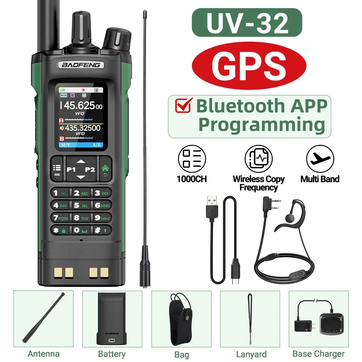 GPS Walkie Talkie 10W Long Range Multi Band Bluetooth APP Programming Wireless Copy Frequency Type-C