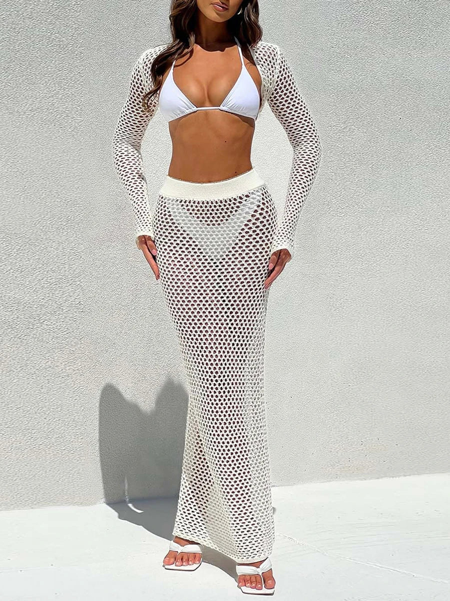 Women s 2 Piece Swimsuit Set Long Sleeve Shrug Tops Elastic Waist Beach Cover Up Skirt Outfits r