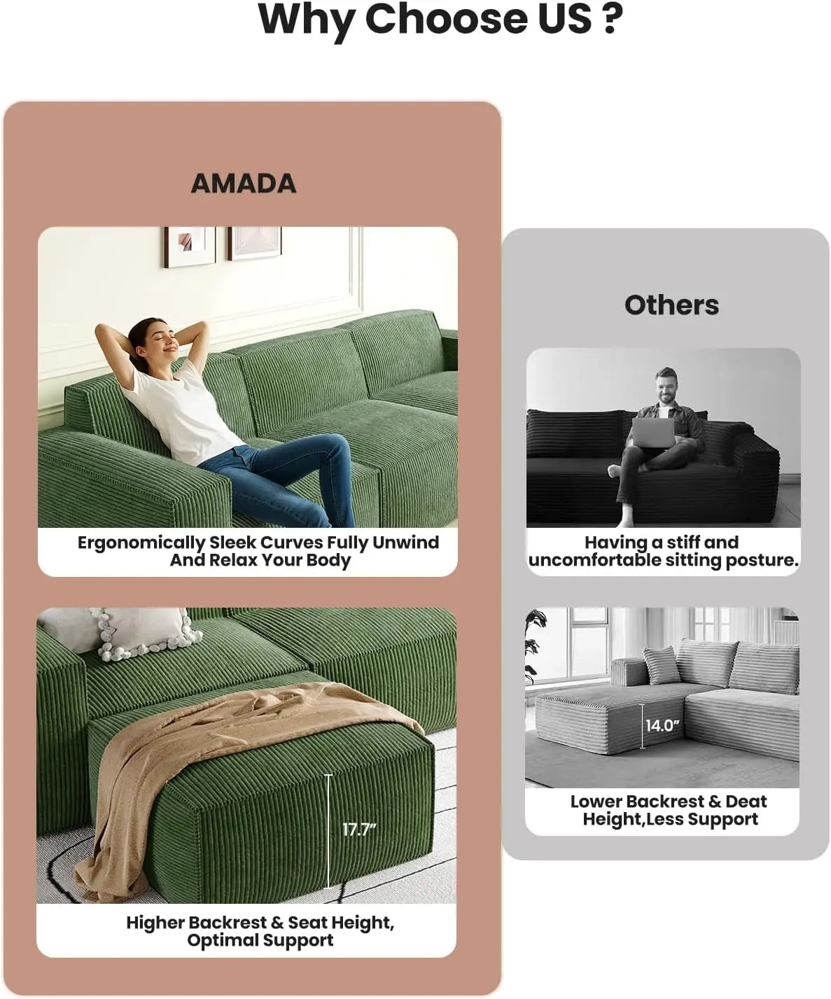 INDOOR-80" L-Shaped Modular Sofa, Corduroy,Deep Seats, High Back, No Assembly  (2-Seat, Green) otman