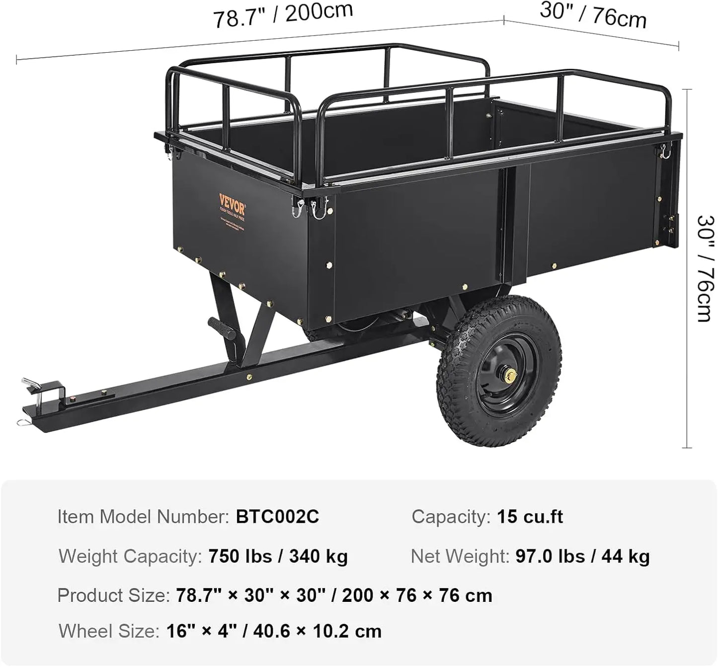 Heavy Duty ATV Dump Cart - Steel Tow Behind trailer, 750 lbs, 15 Cubic Feet garden Remove Sides