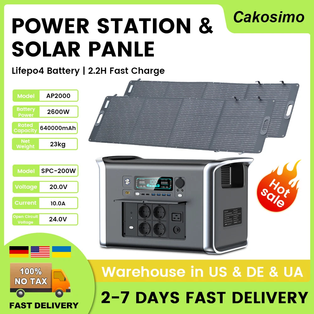 2600W 2048WH Portable Solar Generator 200W ETFE Solar Panel 1000W 500W LifePo4 Power Station