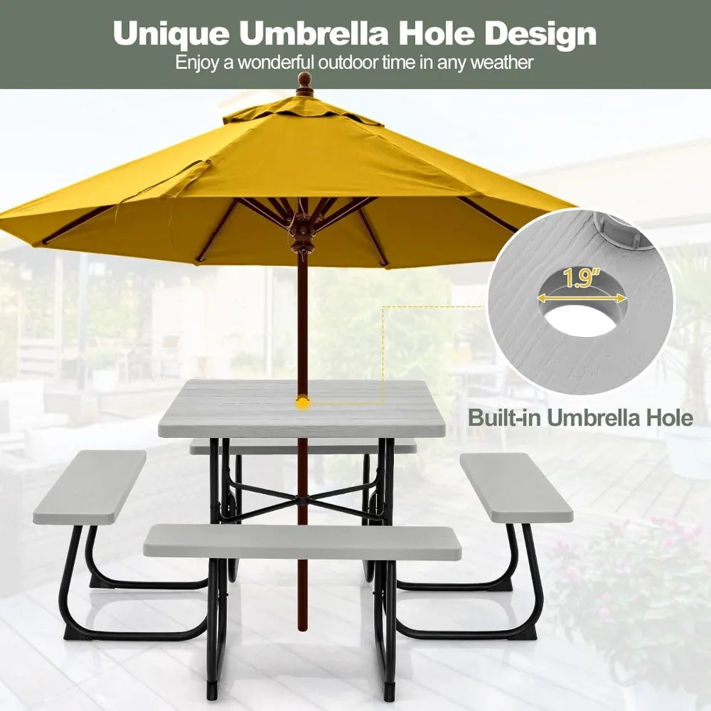 8 Person Picnic Table, Outdoor Square w/ 4 Built-in Benches, Umbrella Hole, Metal Frame & Tabletop,