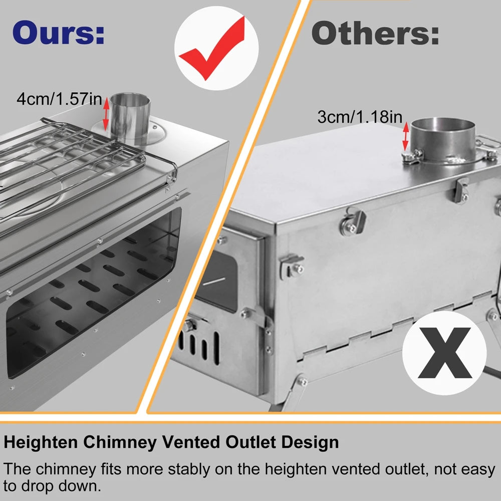 Portable Camping Wood Burning Stove Stainless Steel Tent Stove,7 Chimney Pipes Outdoor Camp Heating