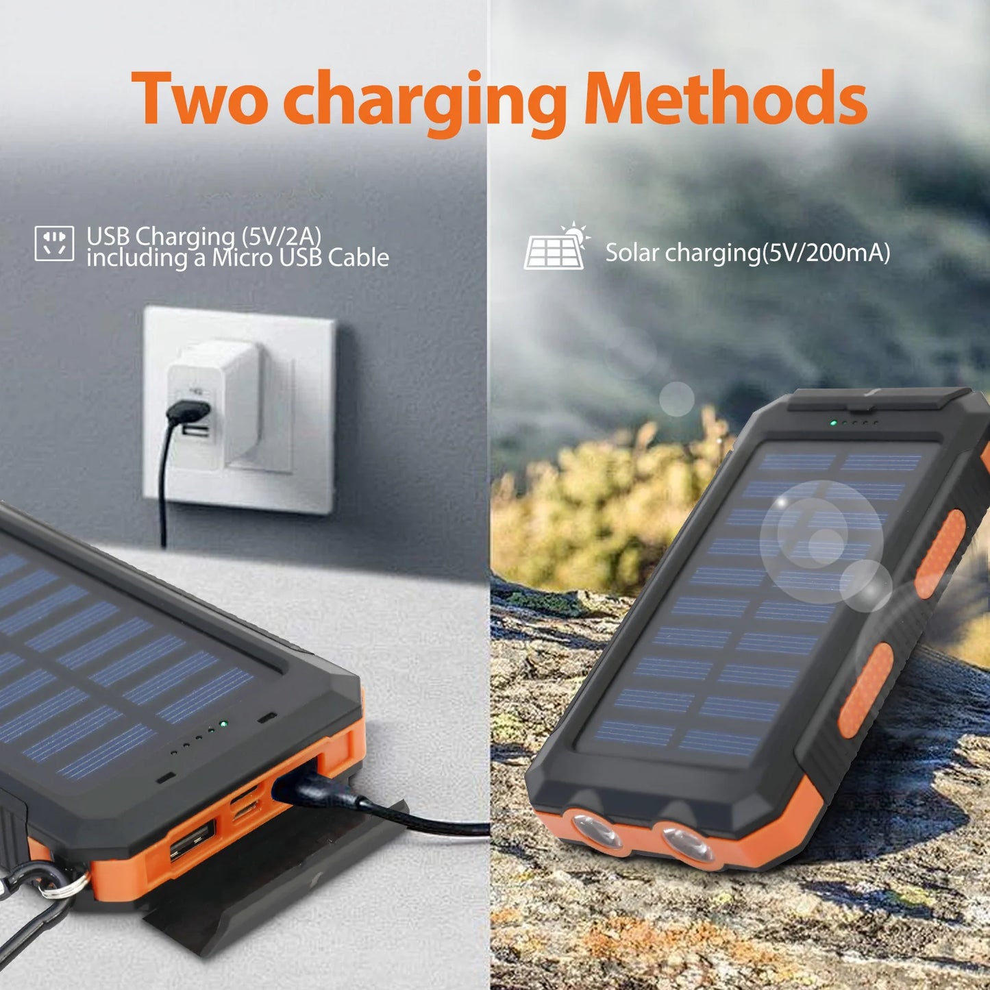 20000mAh Solar Power Bank Portable Charger Waterproof Dual 5V USB Ports 2 LED Light Flashlight Cell