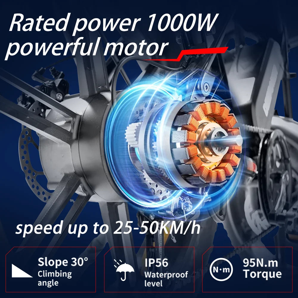 E-Bike QS7 1000W 48V 60AH 20 Inch Fat Tire, Adults Mountain Off-Road Dual Batteries E-Bicycle