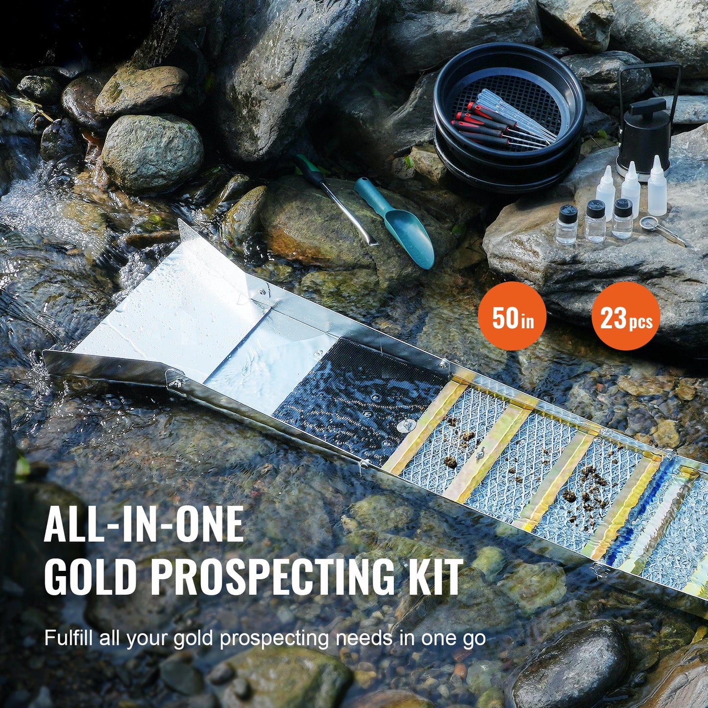 50" 12" Complete Sluice Box Gold Panning Kit Aluminum Alloy23/16 PCS Gold Prospecting Kit
