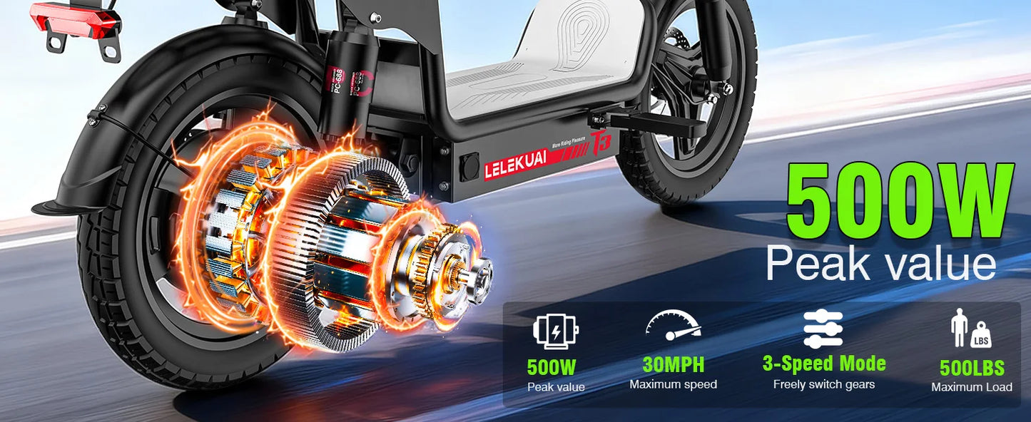 E-Bike, 500W48V15AH, 30MPH 14 inch E-Bike, 500lbs Load-bearing Multiple Shock Absorbers, Basket
