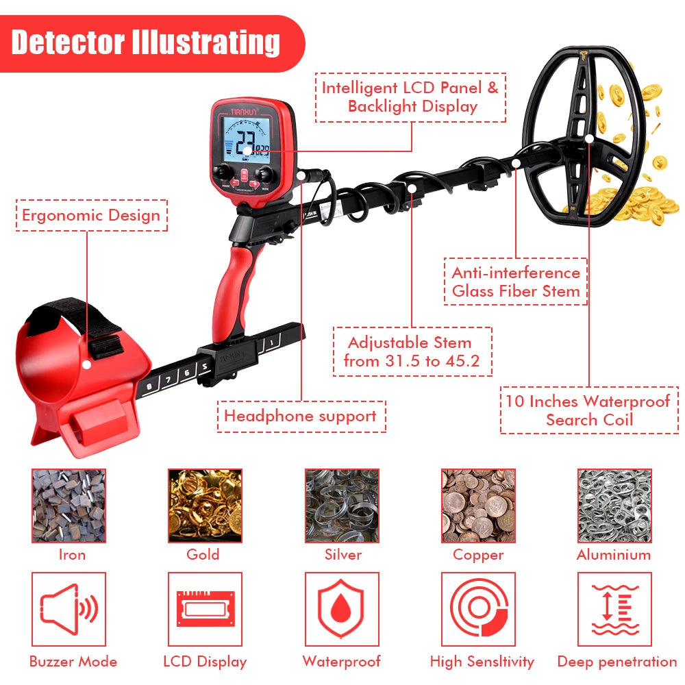 TX-850L Metal Detector Professional Depth Metal Detector High Sensitivity Gold backLight Pinpointer