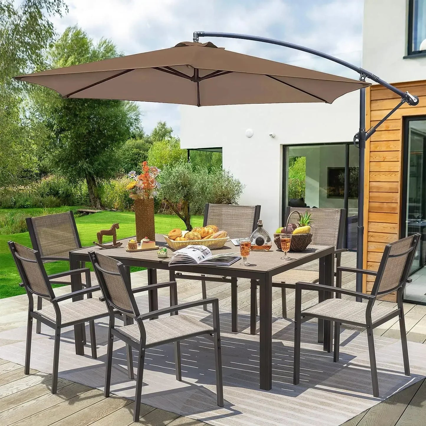 Patio Dining Set 7 Pieces Outdoor Furniture with Large Table and 6 Textilene Chairs
